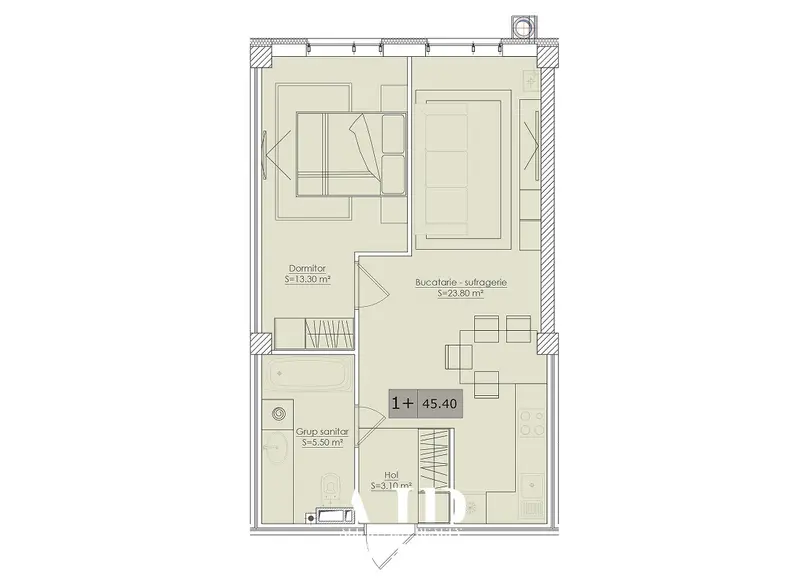 1-room apartment for sale, 45.4 m², Durlești